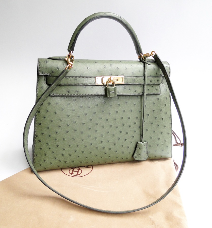 A Hermes Kelly in green ostrich with gold hardware, bought this month